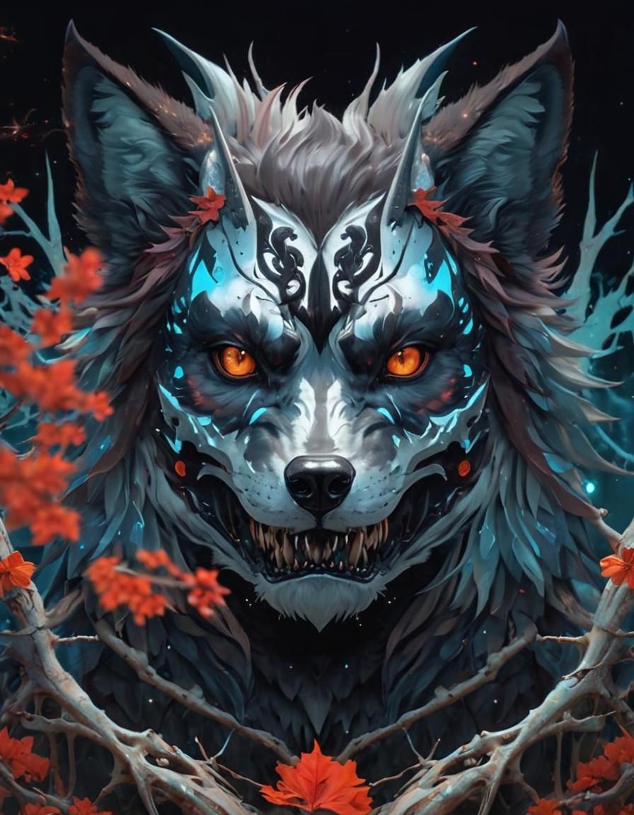 Winged Wolf Creature in Psychedelic Forest Art