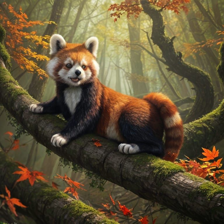 Red Panda in Autumn Forest Oil Painting