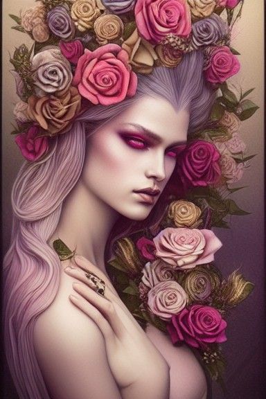 Decadent Androgynous God with Roses: Detailed Matte Painting