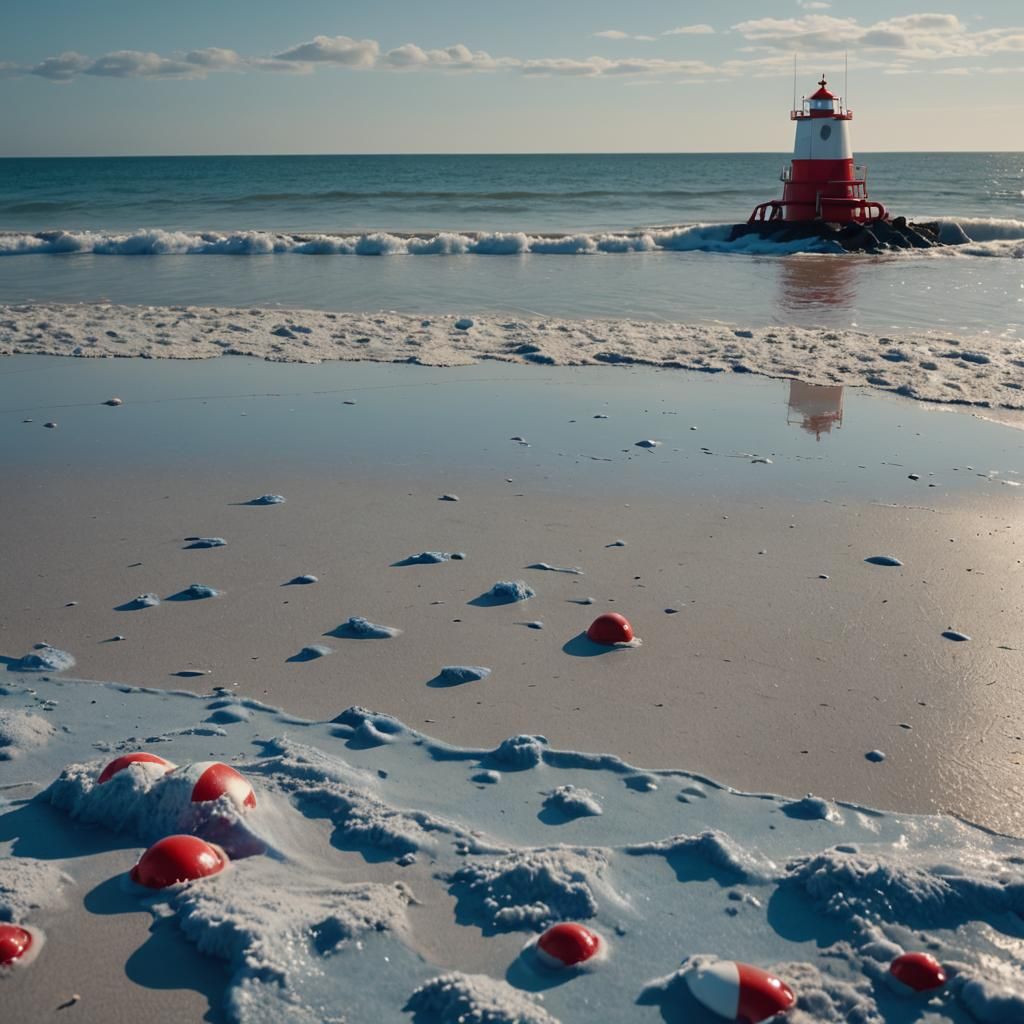Sci-Fi Beach with Metallic Debris and Buoy