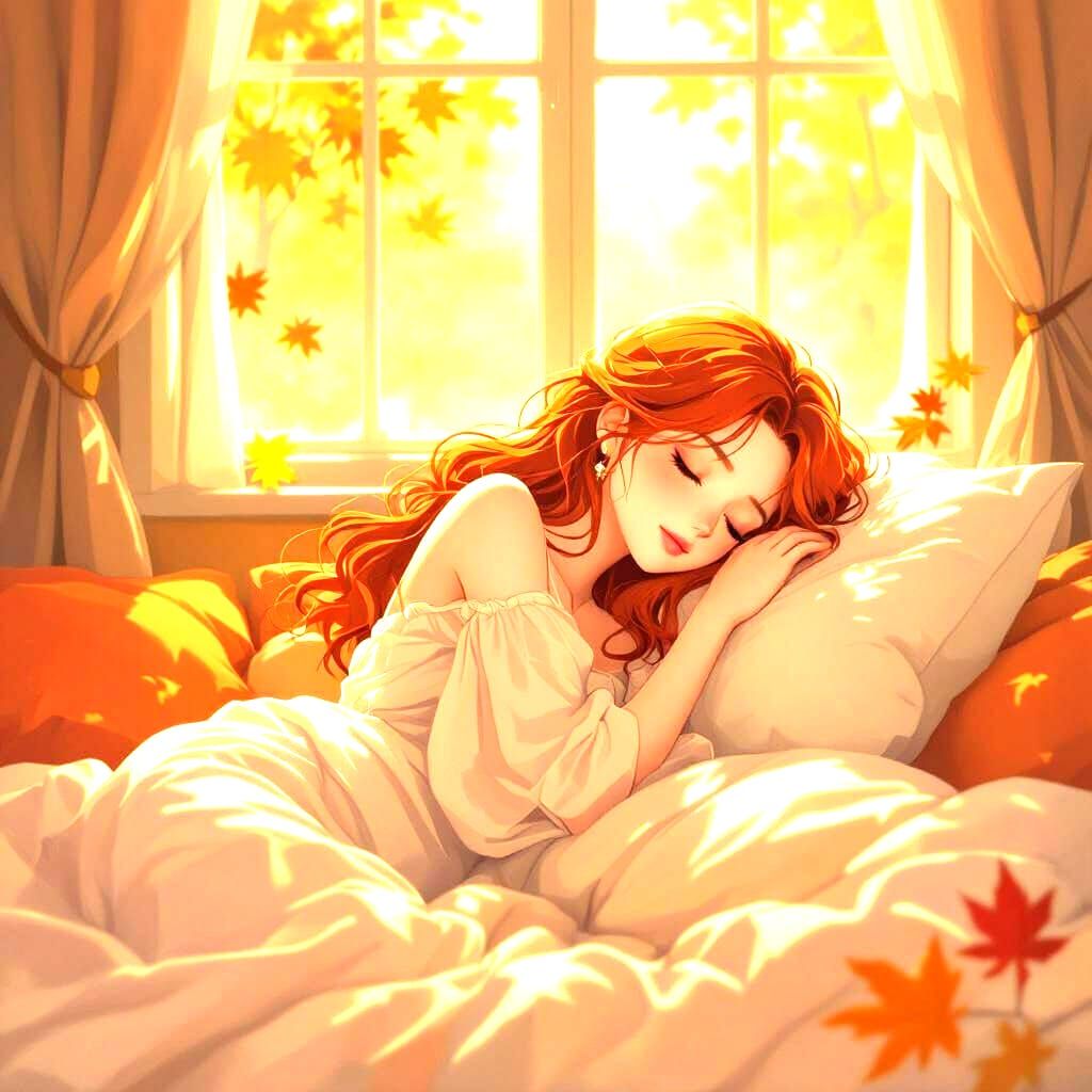 Anime Woman Sleeping in Autumn Bedroom