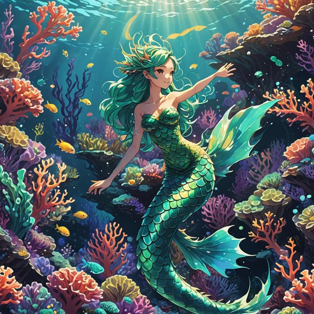 Dragon Mermaid in Sunlit Coral Reef: Anime Style