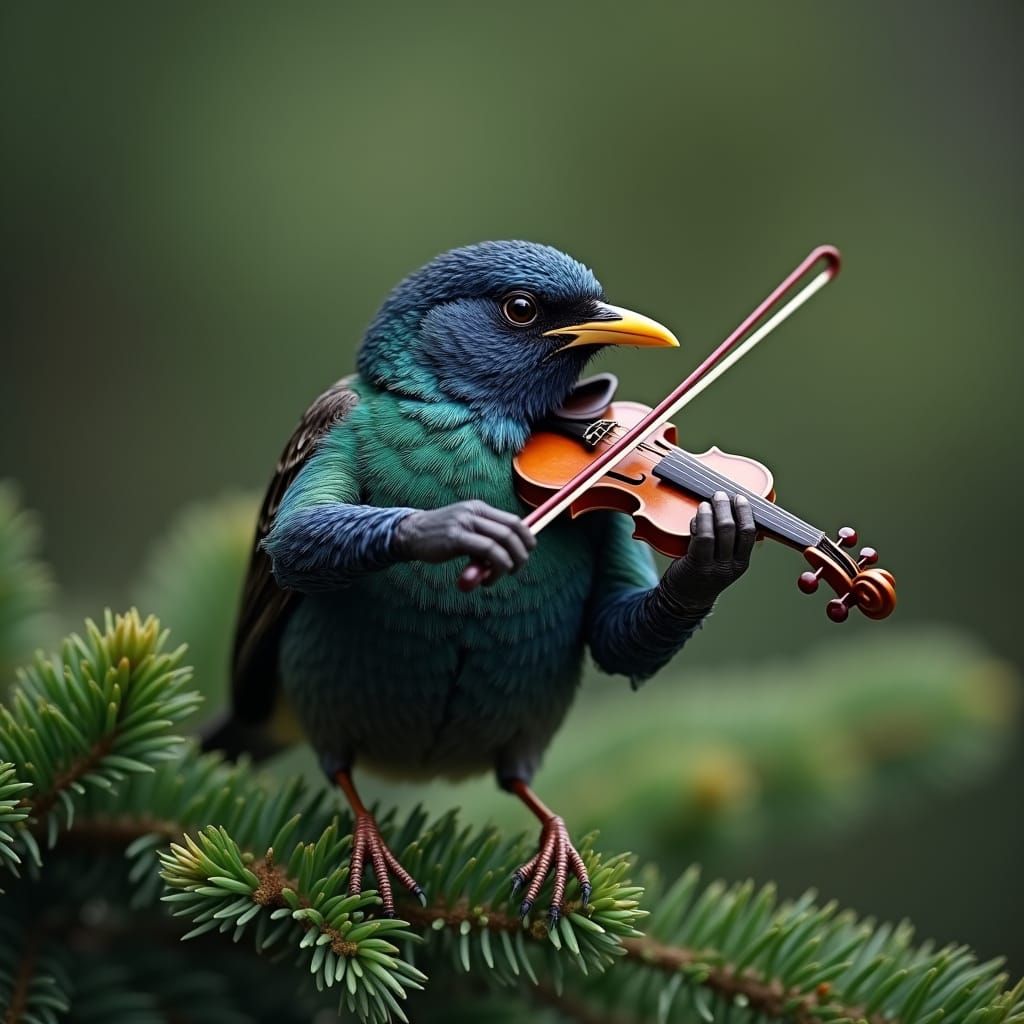 Iridescent Starling Plays Tiny Violin Amidst Spruce Fronds