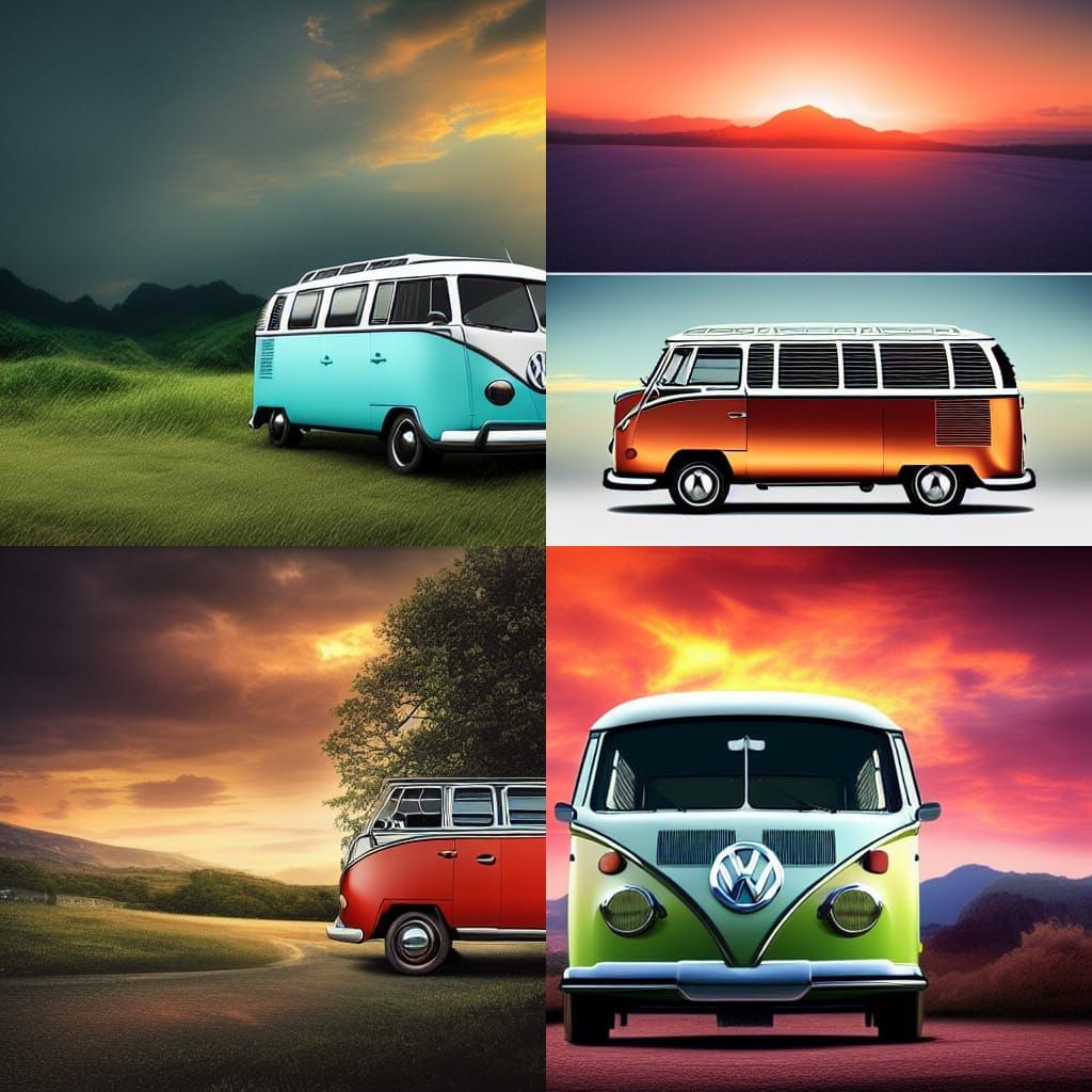 Classic Volkswagen Van at Sunset, Digital Painting
