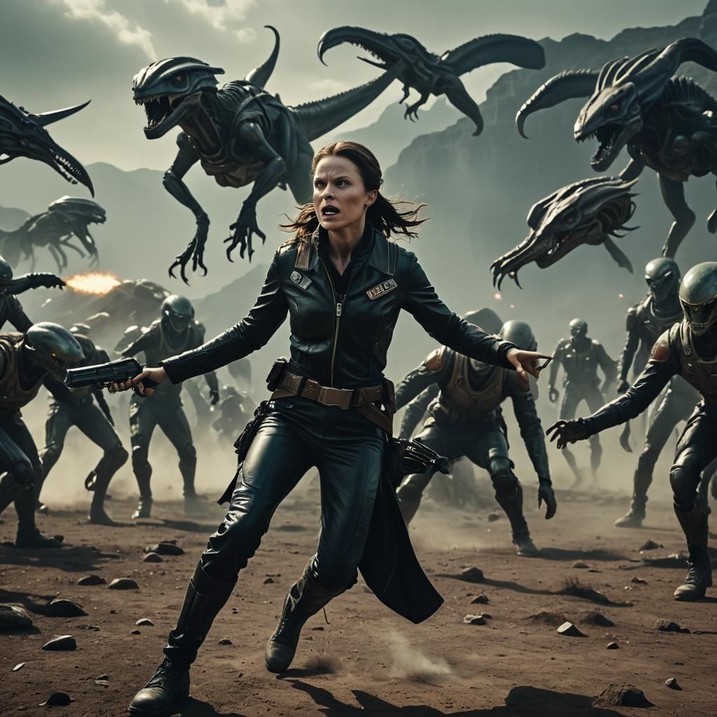 Leather-Clad Heroine Fights Aliens: Cinematic Film Still