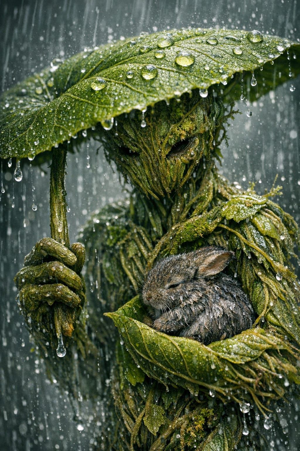 Anthropomorphic Plant Sheltering Rabbit in Rain