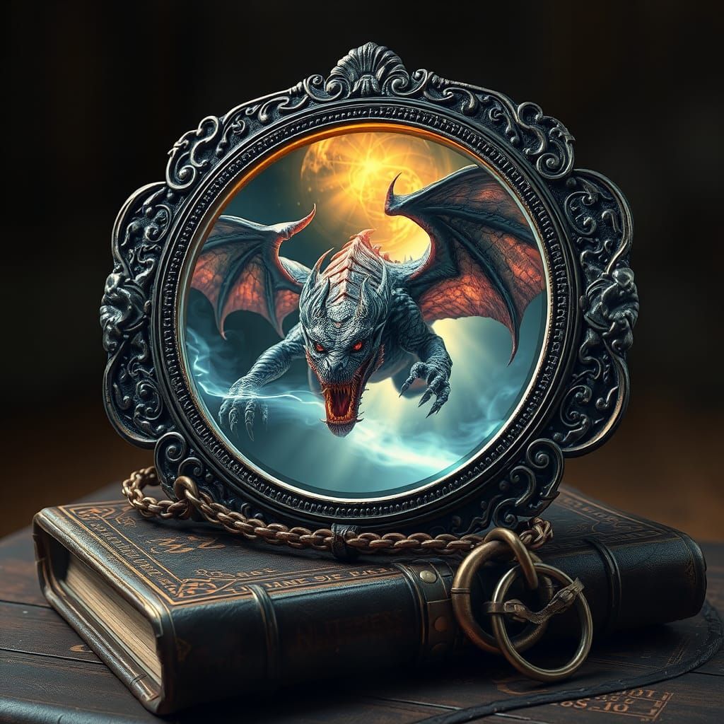 Elven Mirror Reveals Dragon Hologram in Fantasy Art Style