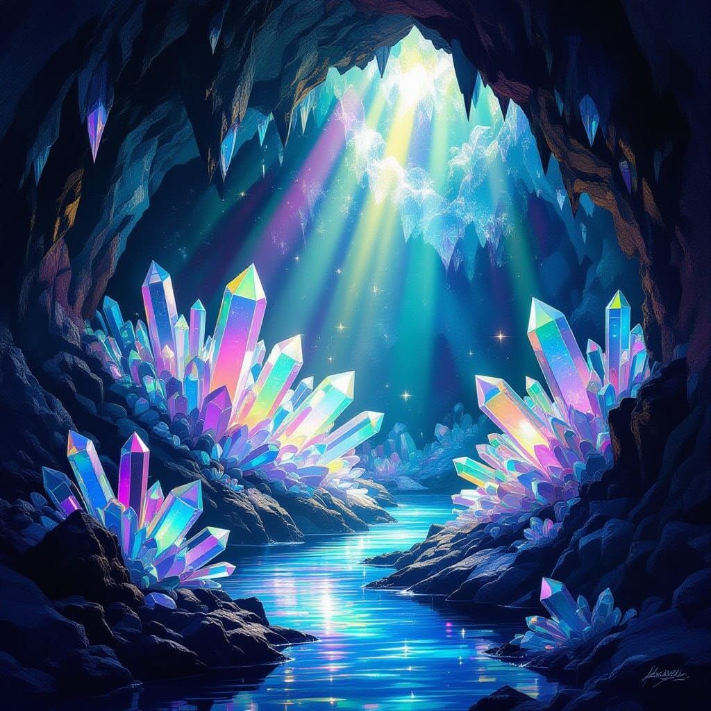 Iridescent Crystal Cavern With Ethereal Light Beams