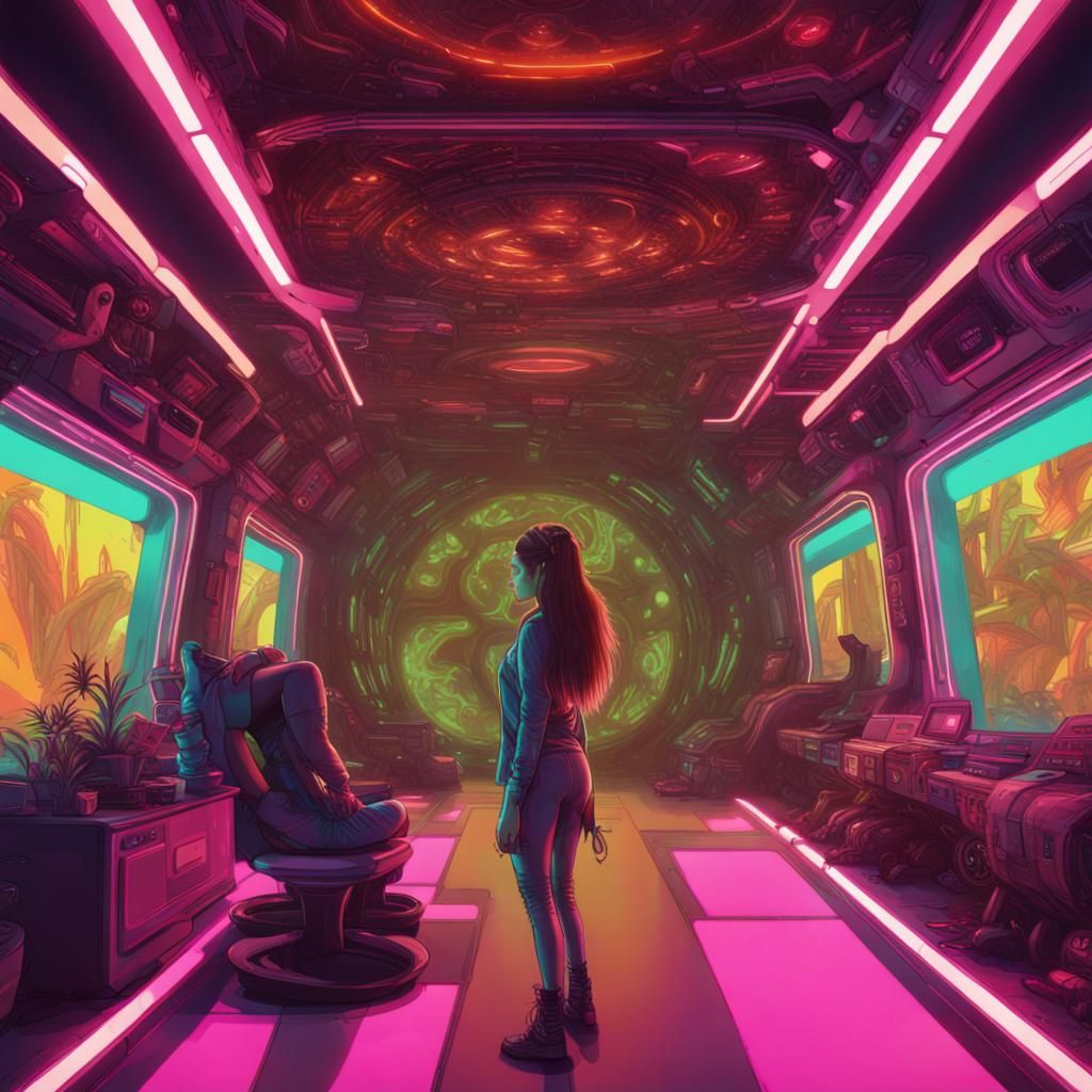 Psychedelic Fractal Spaceship Interior in Cyberpunk Style