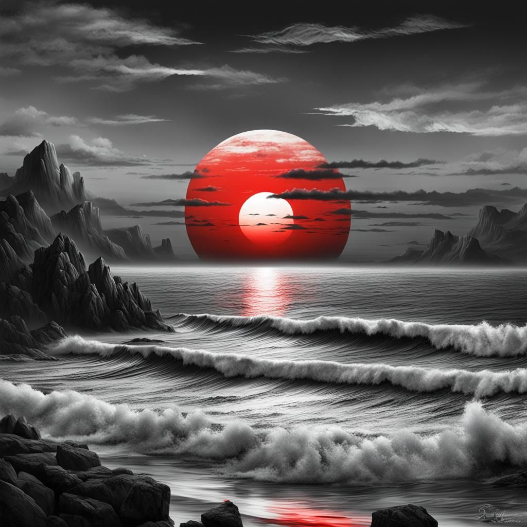 Grayscale Seascape with Red Sun Matte Painting