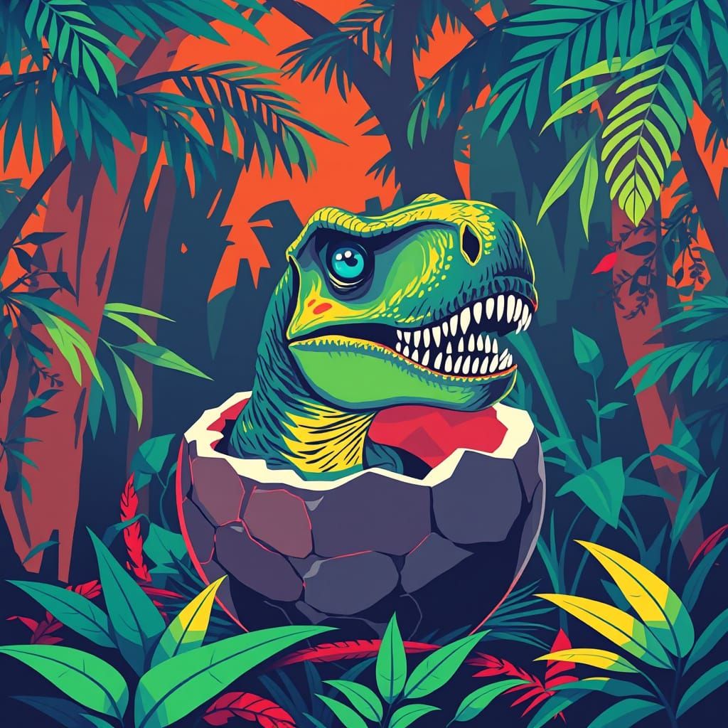 T-Rex Hatching in Geometric Pop Art Jungle