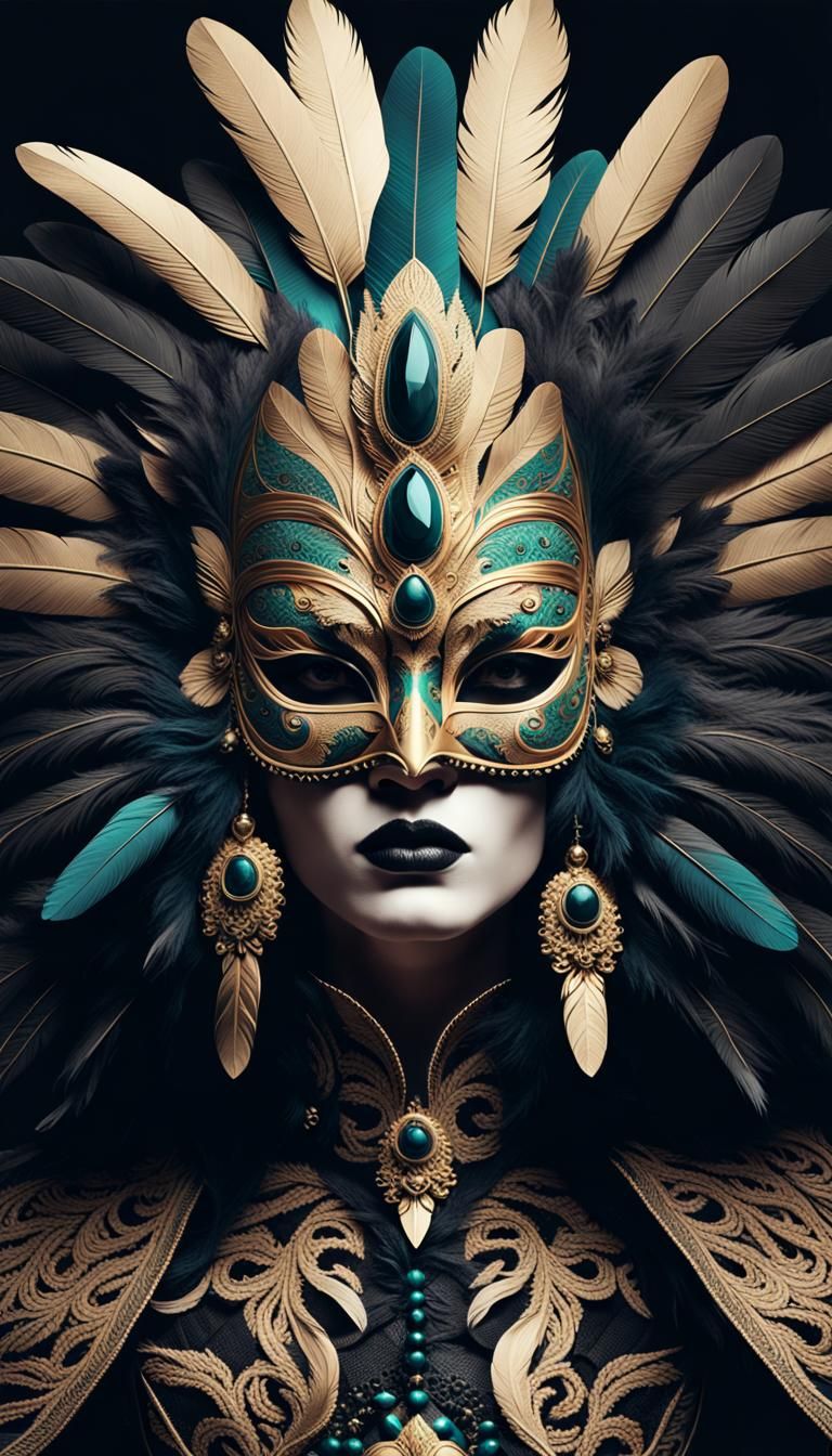 a digital art piece featuring a close-up of a woman wearing a regal and menacing mask adorned with intricate feathers, i...