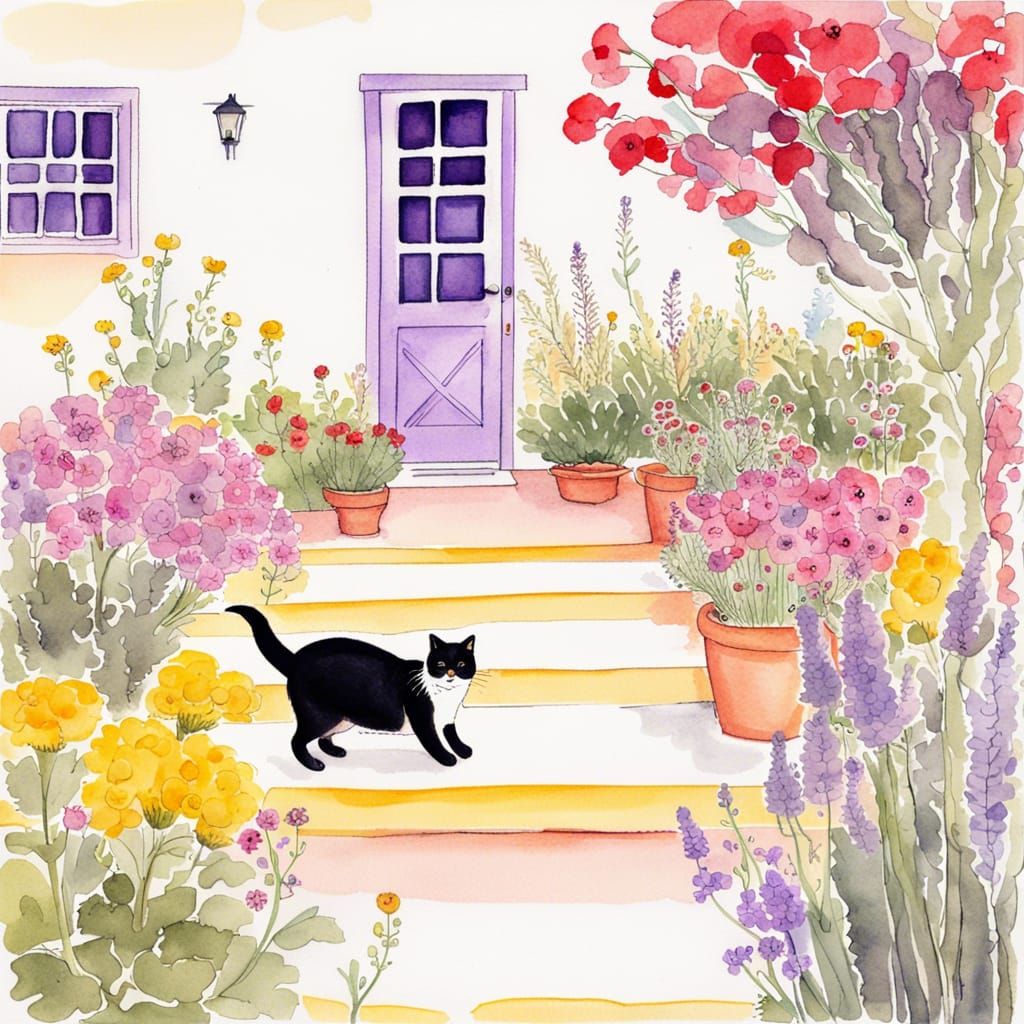 Courtyard Garden with Sleeping Cat, Watercolor and Ink