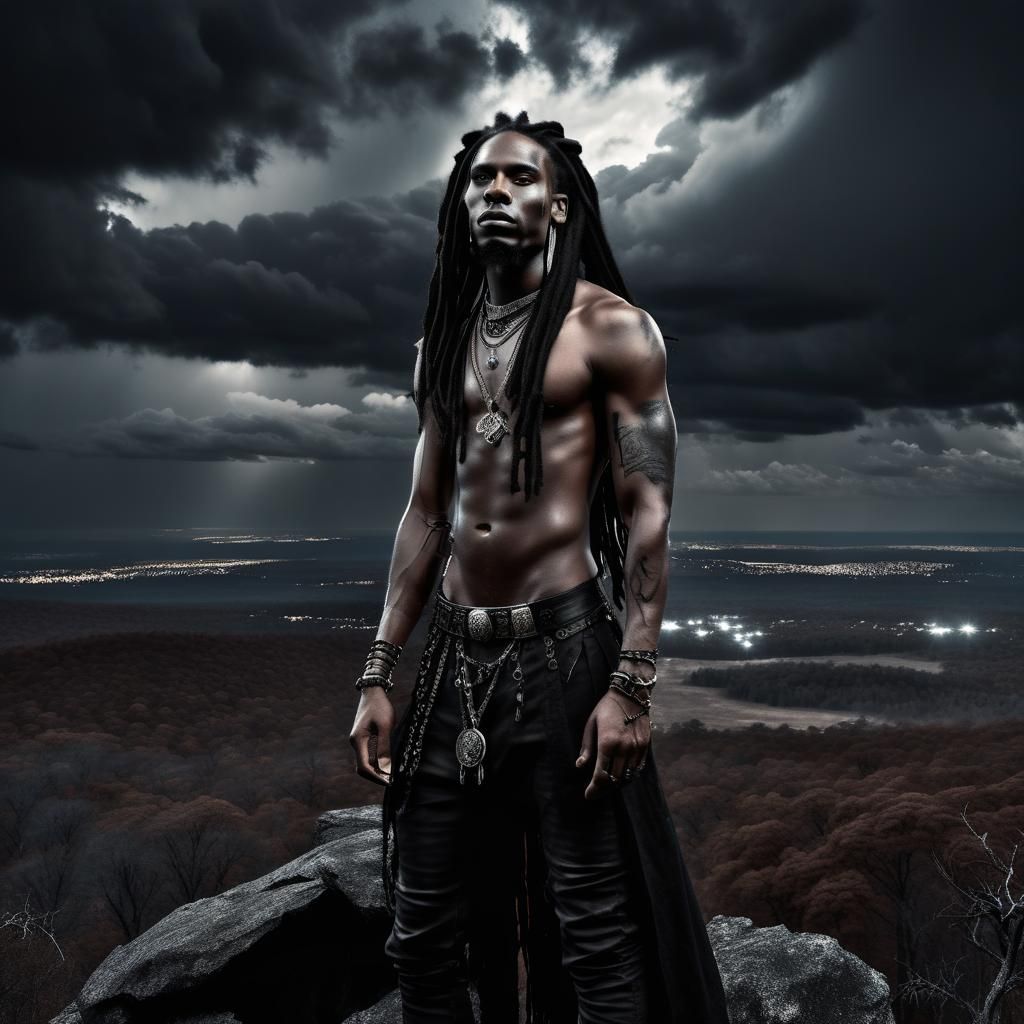 Dramatic Metalhead Portrait Under Dark Clouds