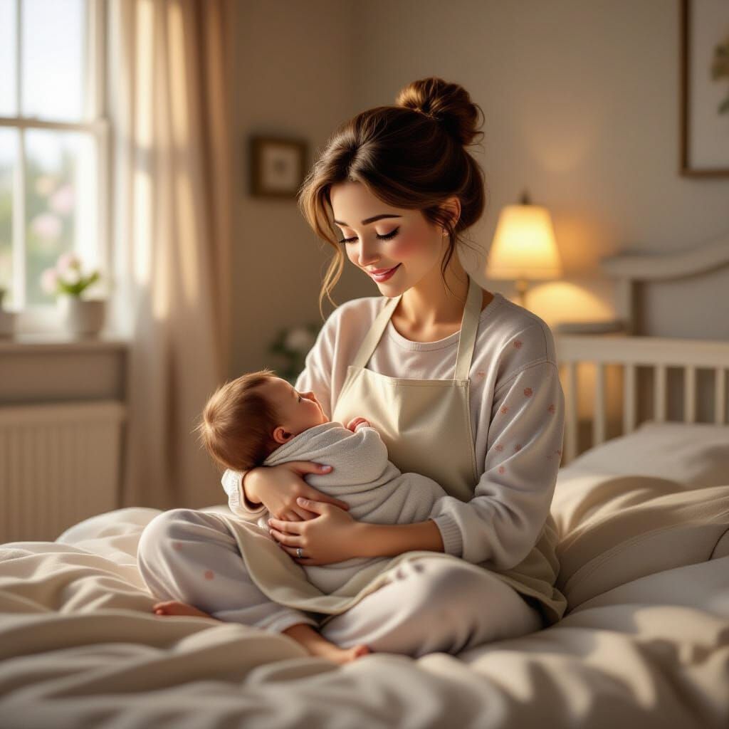 Mother Cradling Baby in Cozy Bedroom, Pixar Style