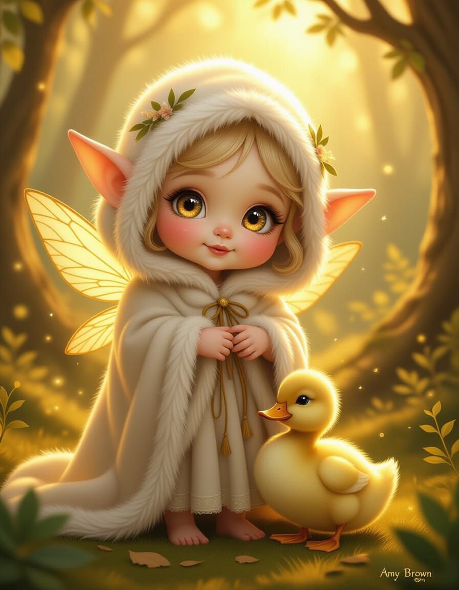 Magical Elf and Duckling in Golden Forest