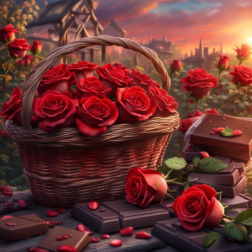Watercolor Red Roses and Chocolates in Garden