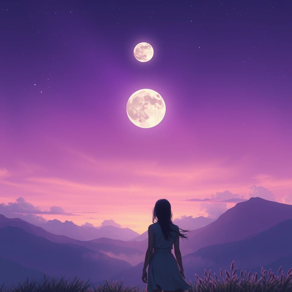 Couple Gazing Up at the Moon in a Vibrant Purple Sky