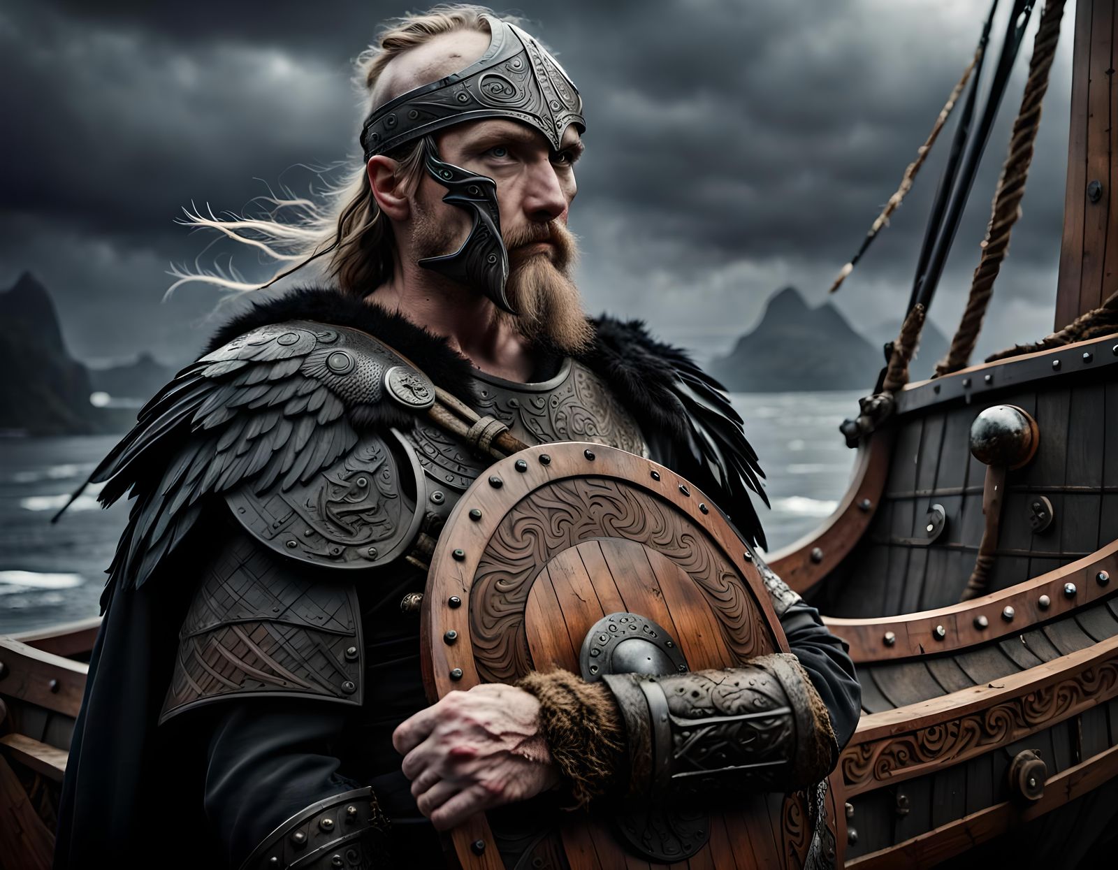 Viking Warrior on Raven Ship in Dark Fantasy Style