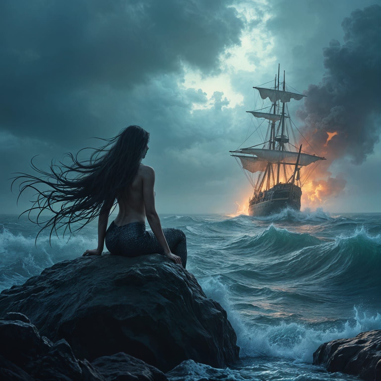 Dark Fantasy Mermaid Watches Burning Ship in Stormy Ocean