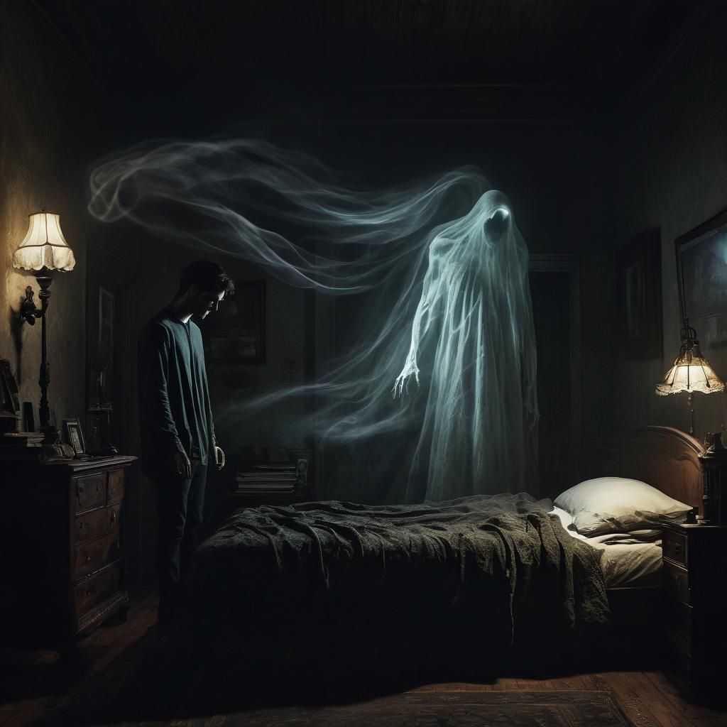 Ethereal Ghostly Figure in Ominous Bedroom Scene