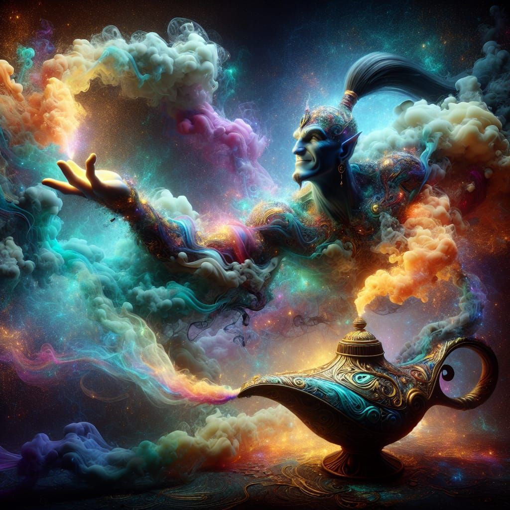 Enchanting Genie Emerges from Mystical Bottle