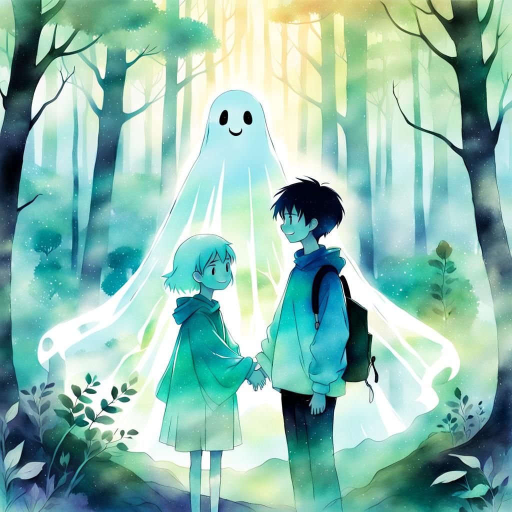 Anime-Style Ghost and Boy Friendship in Forest