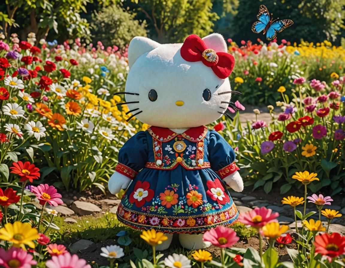 Hello Kitty in Ukrainian Dress Amongst Flowers
