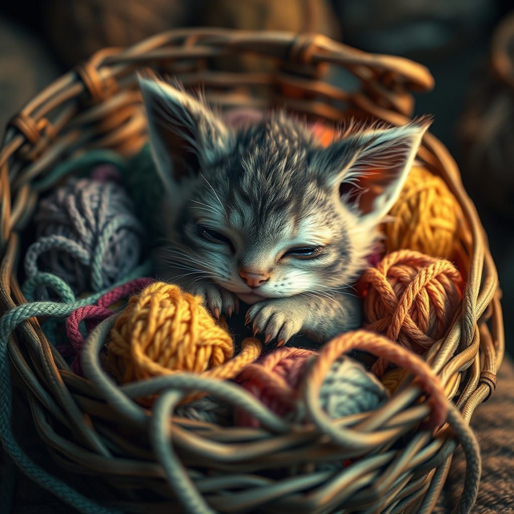 Majestic Fluffy Creature Slumbers in Colorful Yarn Basket