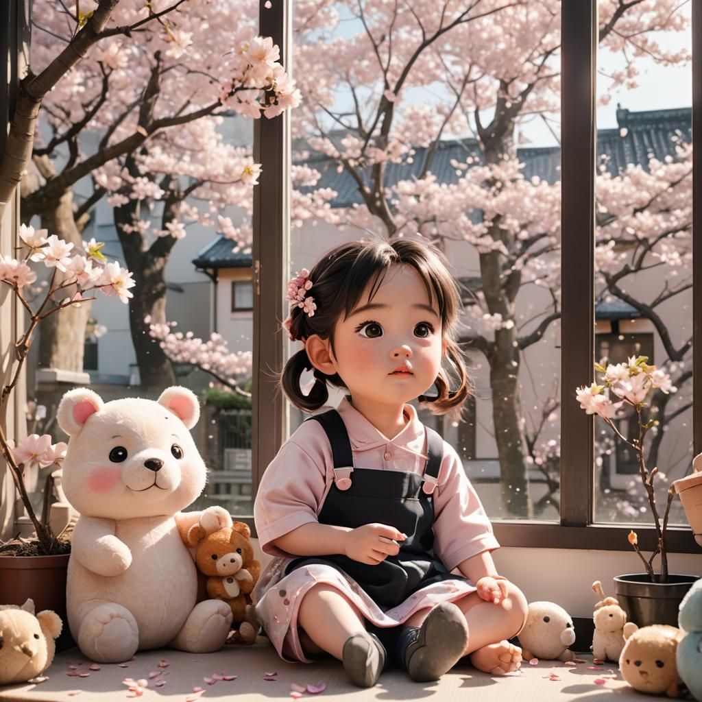 Toddler with Cherry Blossoms in Anime Manga Style