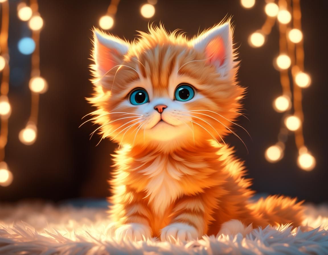 Orange Kitten Plays in String Lights: 3D Digital Art