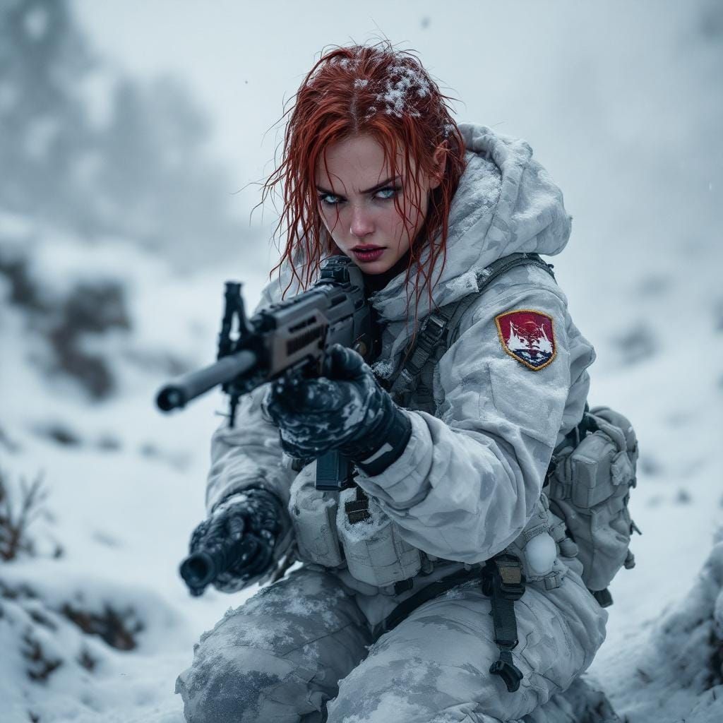 Redhead Vigilante in Snowy Landscape, Dark Fantasy Art