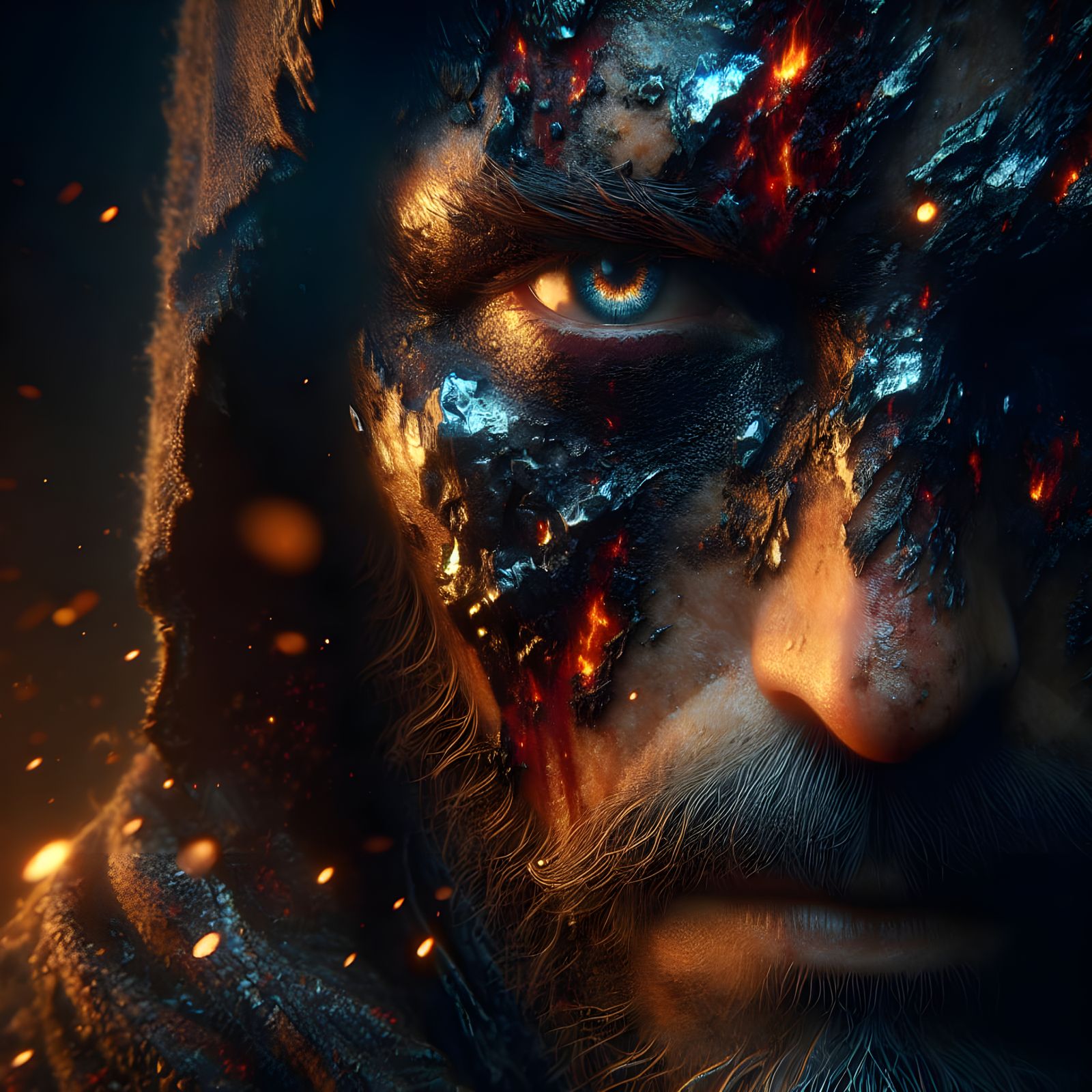 Mysterious Warrior Portrait with Fire and Ice