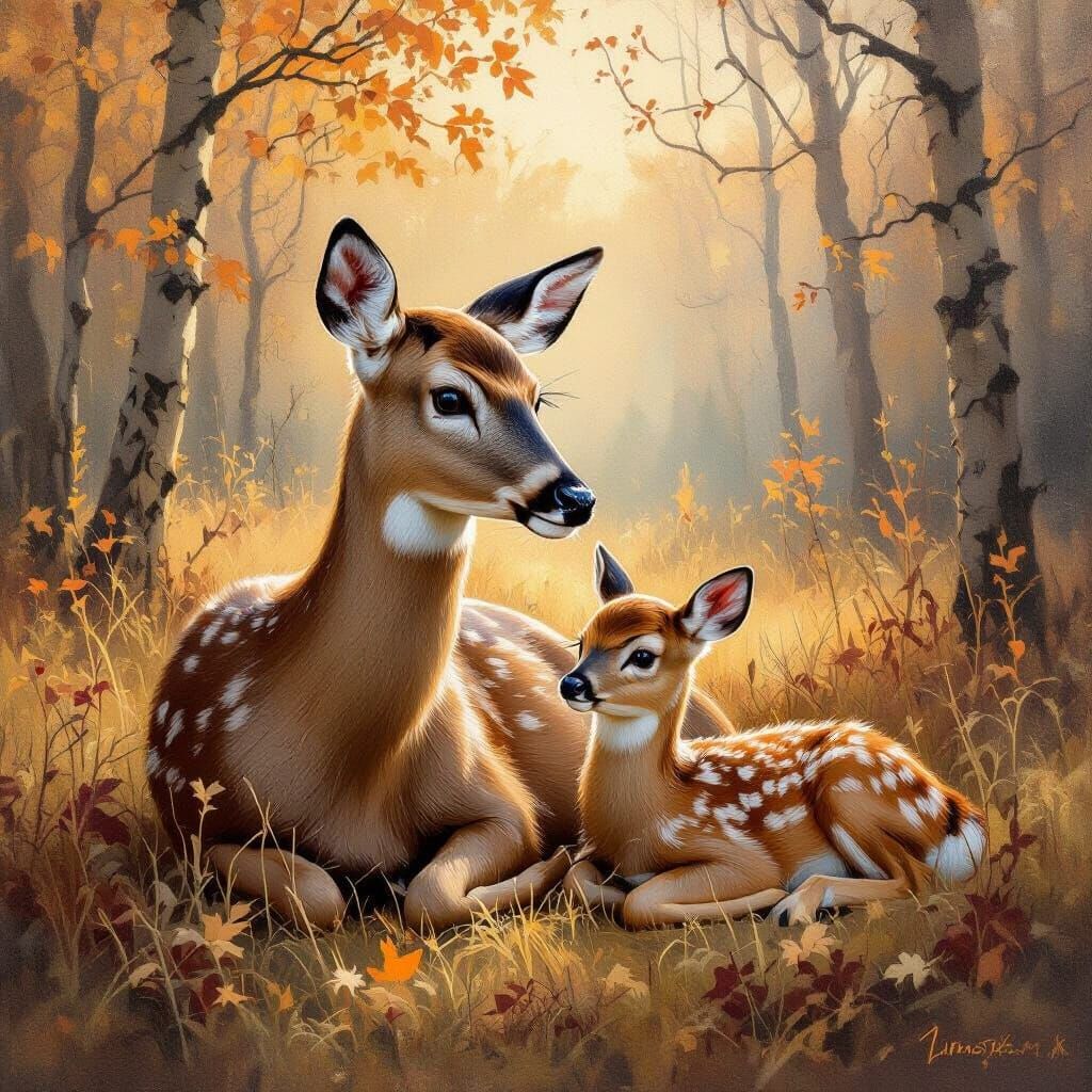 Deer and Fawn in Forest Glade: An Oil Painting