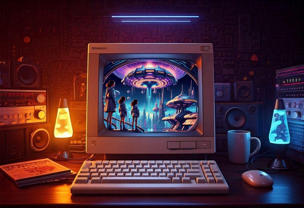 Retrofuturistic Pixel Art Family on Spaceship Platform