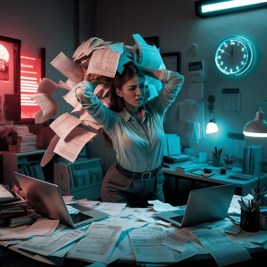 Stressed Business Owner in Cyberpunk Accounting Nightmare