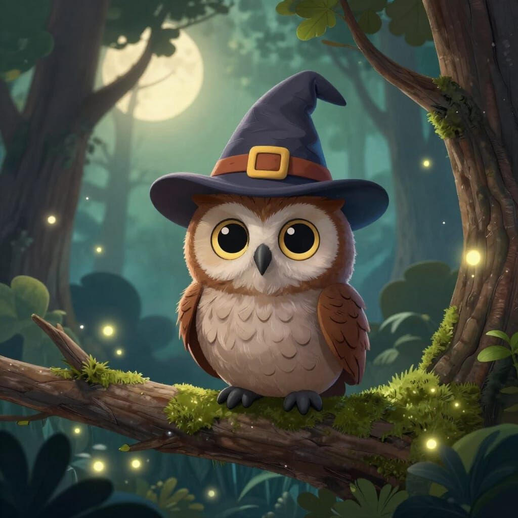 Whimsical Owl Wizard in Enchanted Forest