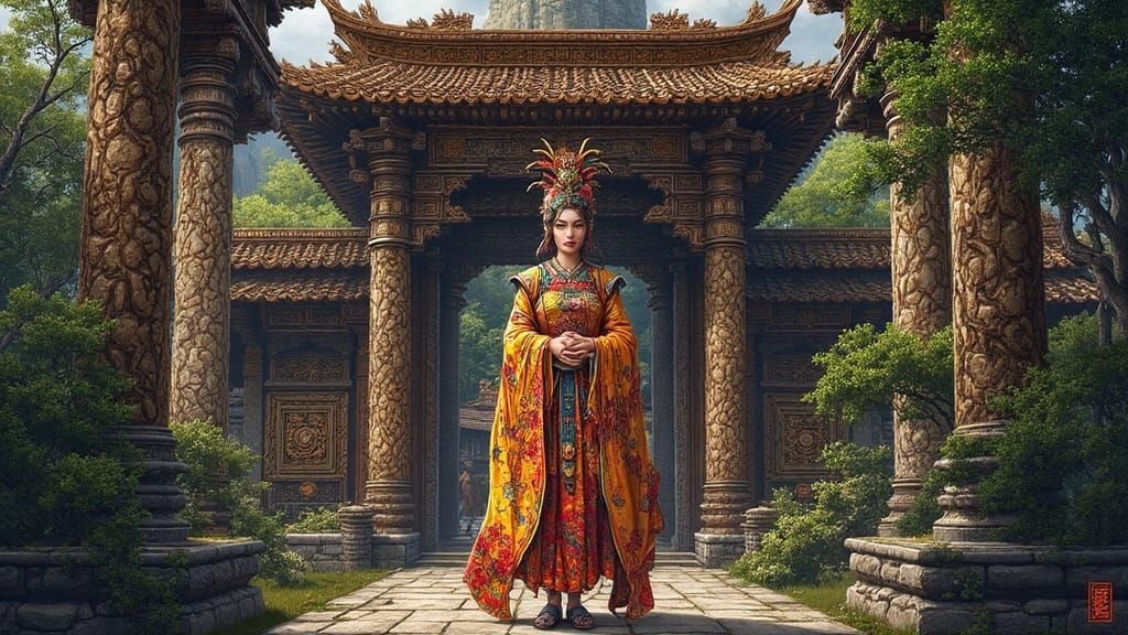 Kitsune Goddess in Temple, Chiaroscuro Style