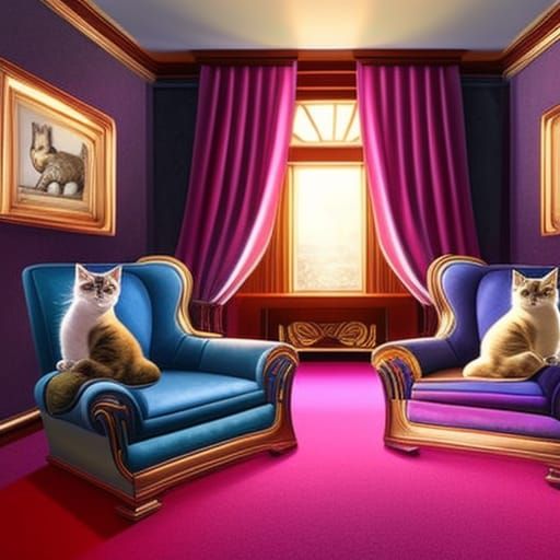 Two Cats Sit on Armchair: Hyperrealistic Splash Art