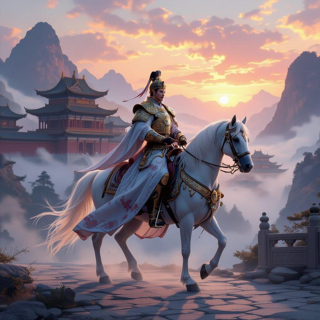 General on Horse Before Qing Palace at Sunset