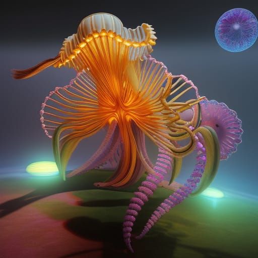 Pink Jellyfish in Steampunk Kinetic Pointillism