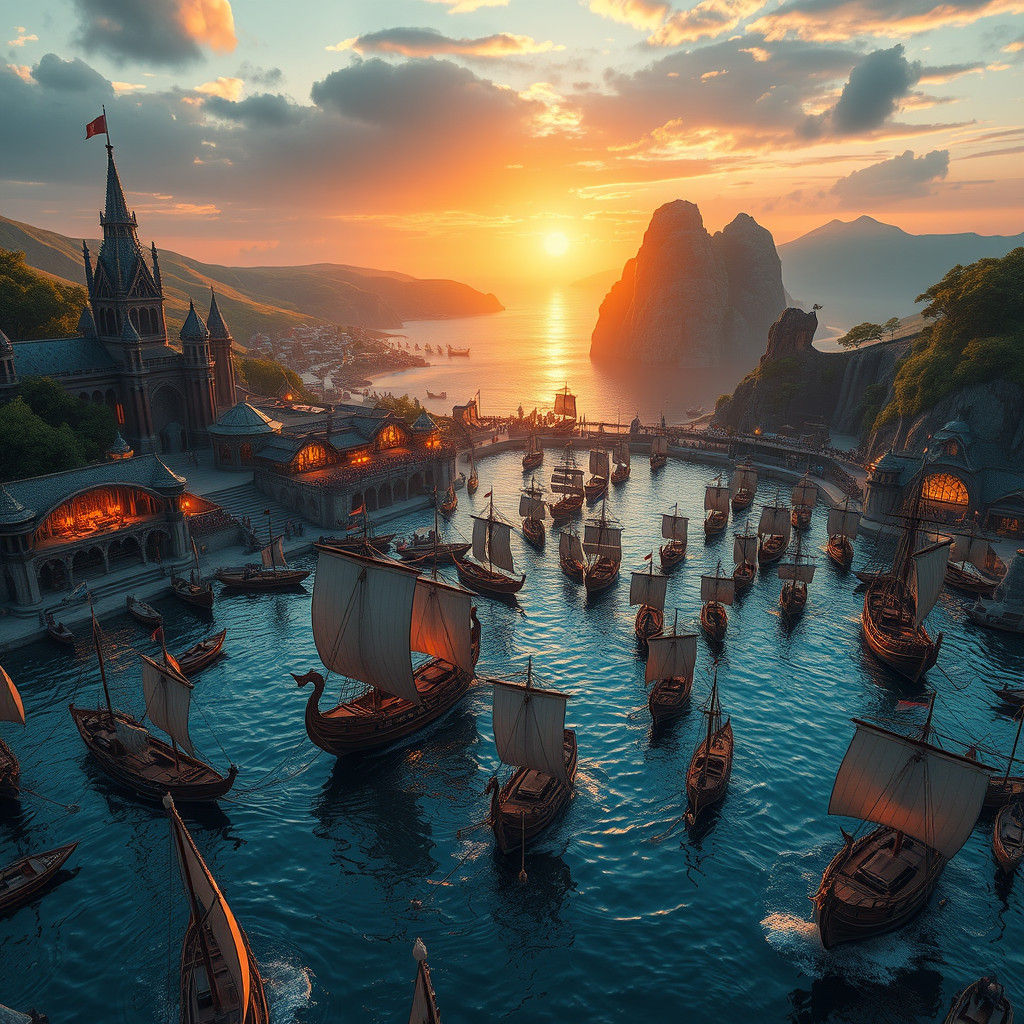 Mystical Harbor at Sunset: Fantasy Landscape