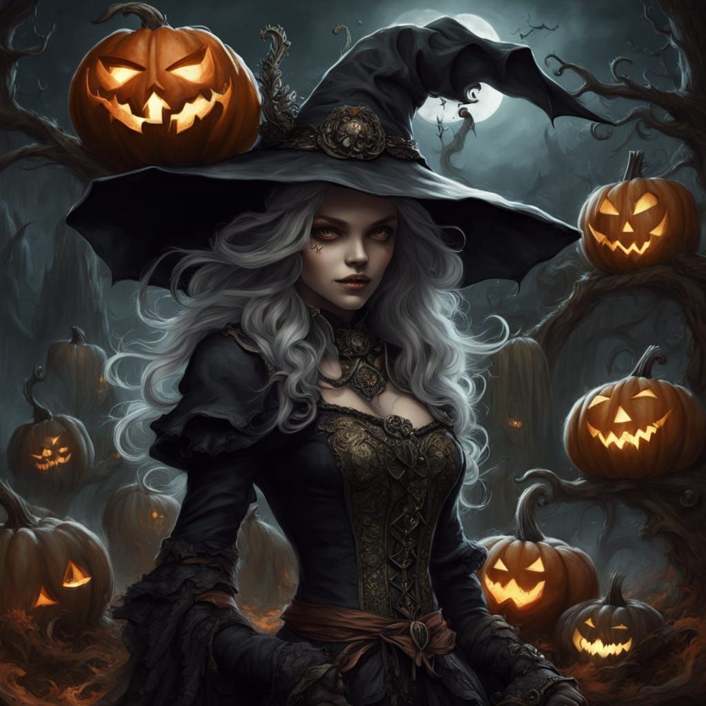Hyper-Real Witch with Silver Hair & Glowing Pumpkin Eyes