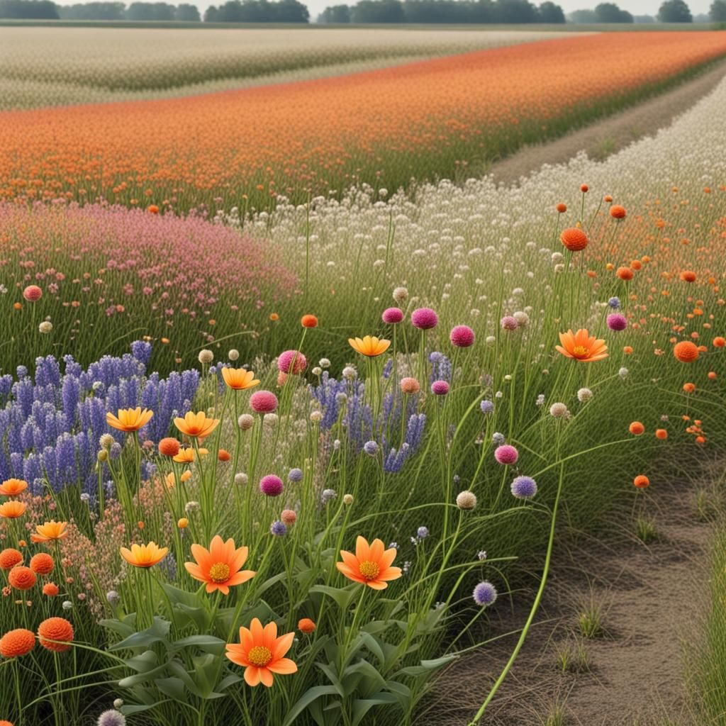 Blooming Field of Colorful Flowers, Painterly Style