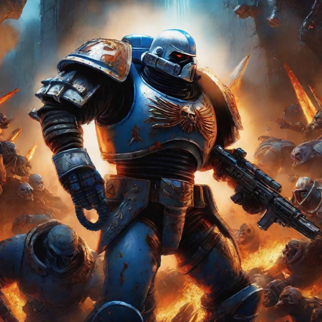 Space Marine Battles Demons in Simon Bisley Style