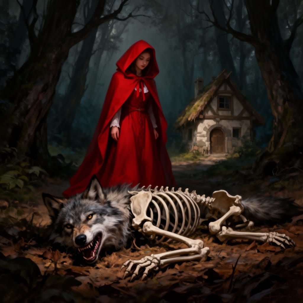 Red Riding Hood Over Wolf Skeleton in Gothic Fantasy Style