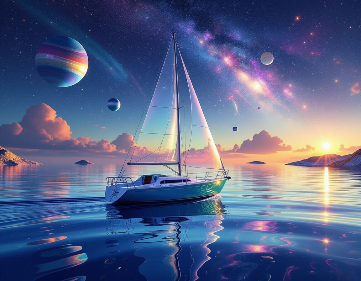 Glass Sailboat on Cosmic Sea in 3D Art