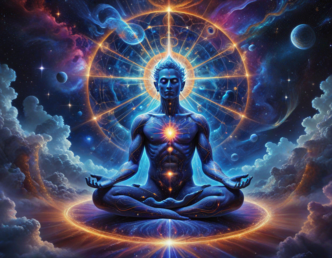 Lord Vishnu Meditating Amidst Vibrant Cosmic Realms