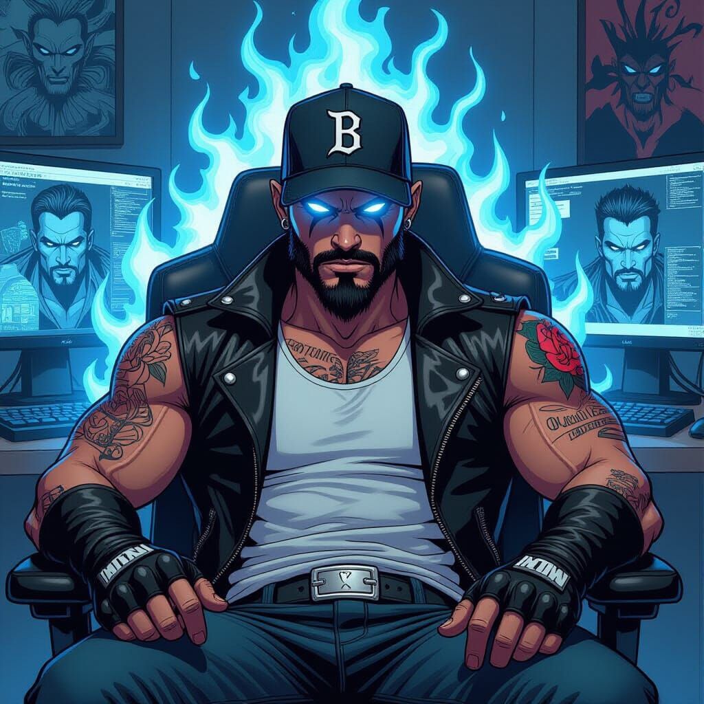 Muscular Vampire in Blue Flames, Comic Book Art