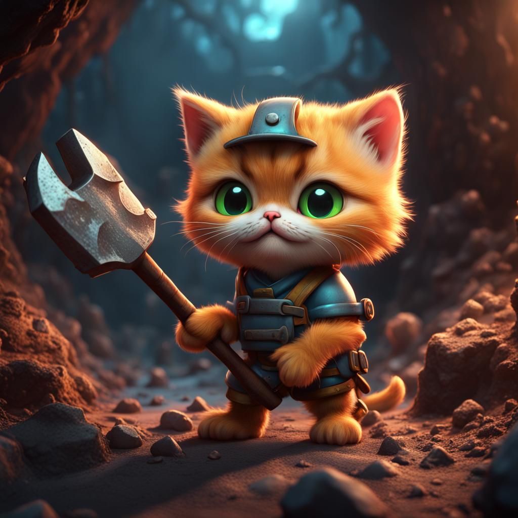 Cute Kitten Mining Underground: Detailed Fantasy Art